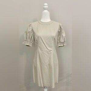 Faux Leather Cream Puff Sleeve Dress